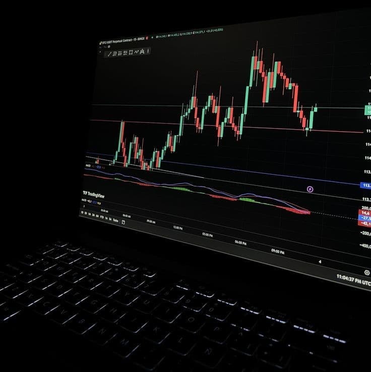 Candlestick trading chart on a laptop screen